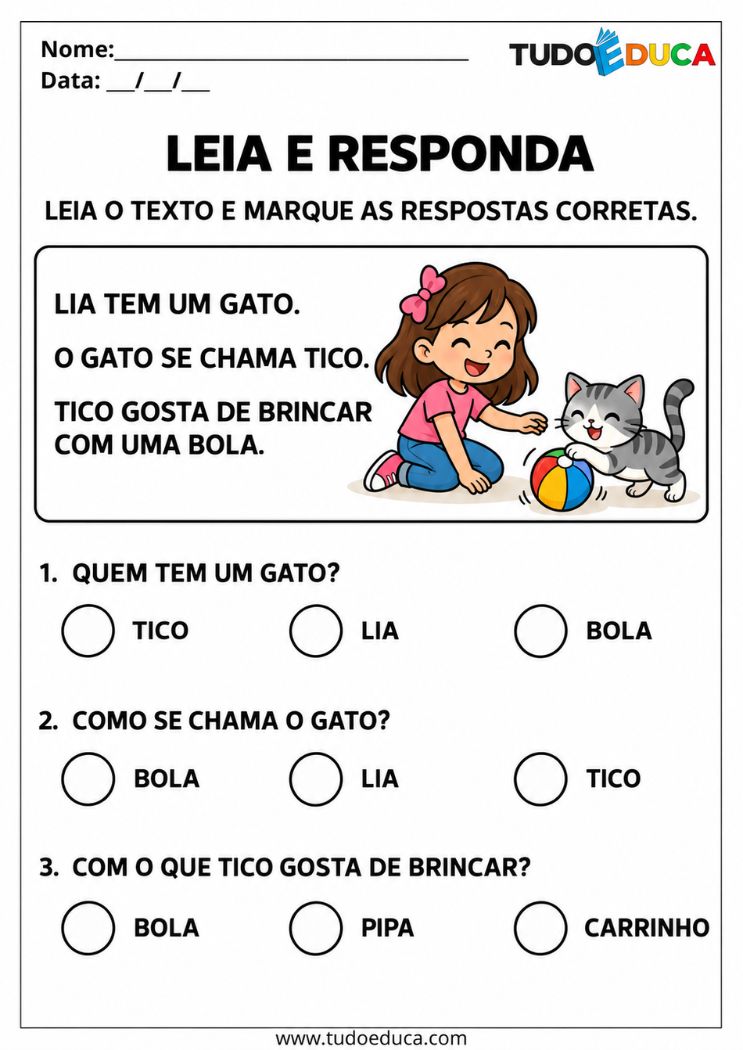 Atividade de Alfabetização para Síndrome de Down leia e responda