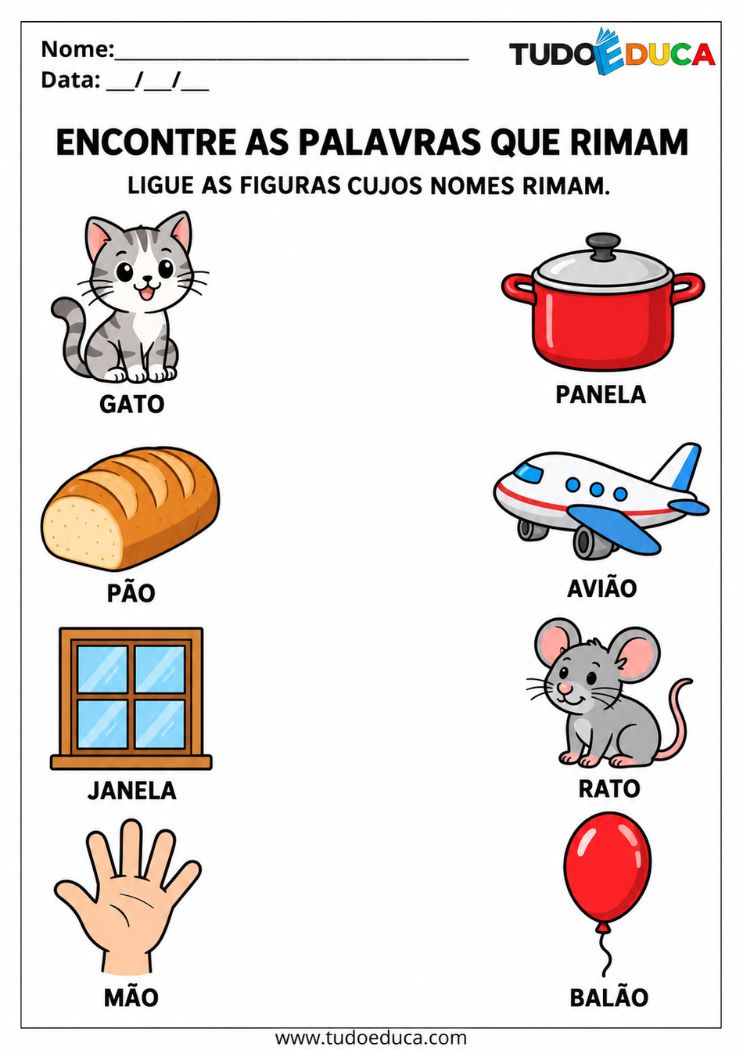 Atividade de Alfabetização para Síndrome de Down ligue as rimas