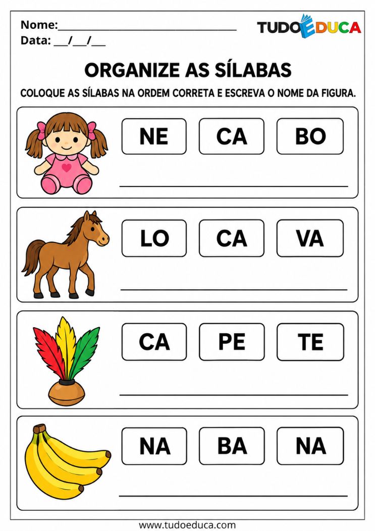 Atividade de Alfabetização para Síndrome de Down organize as sílabas
