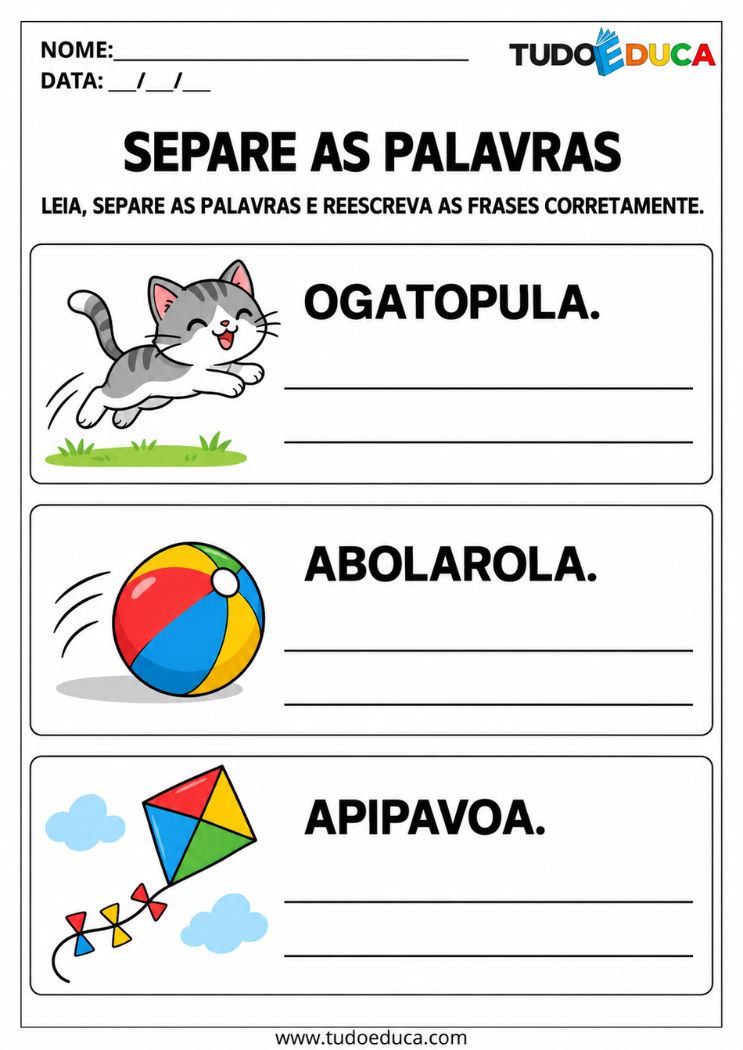 Atividade de Alfabetização para Síndrome de Down separe as palavras