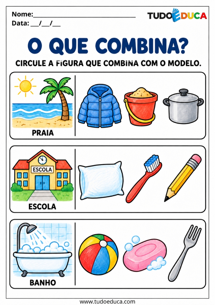 Atividade de Associação de Imagens combinação de objetos para Autismo