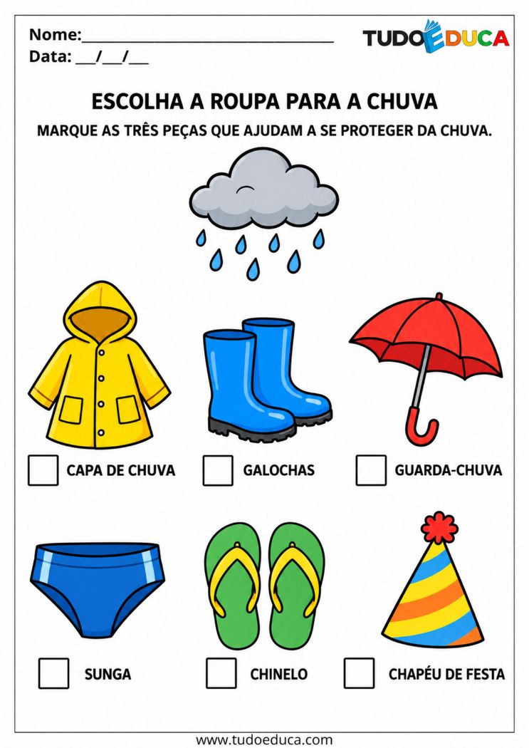 Atividade de Autonomia para AEE escolha roupa para chuva