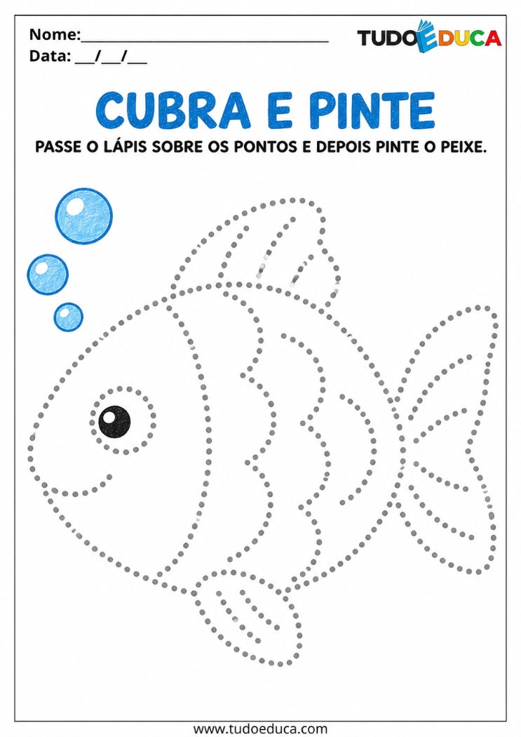 Atividade de Coordenação Motora cubra e pinte o peixe para Deficiência Intelectual