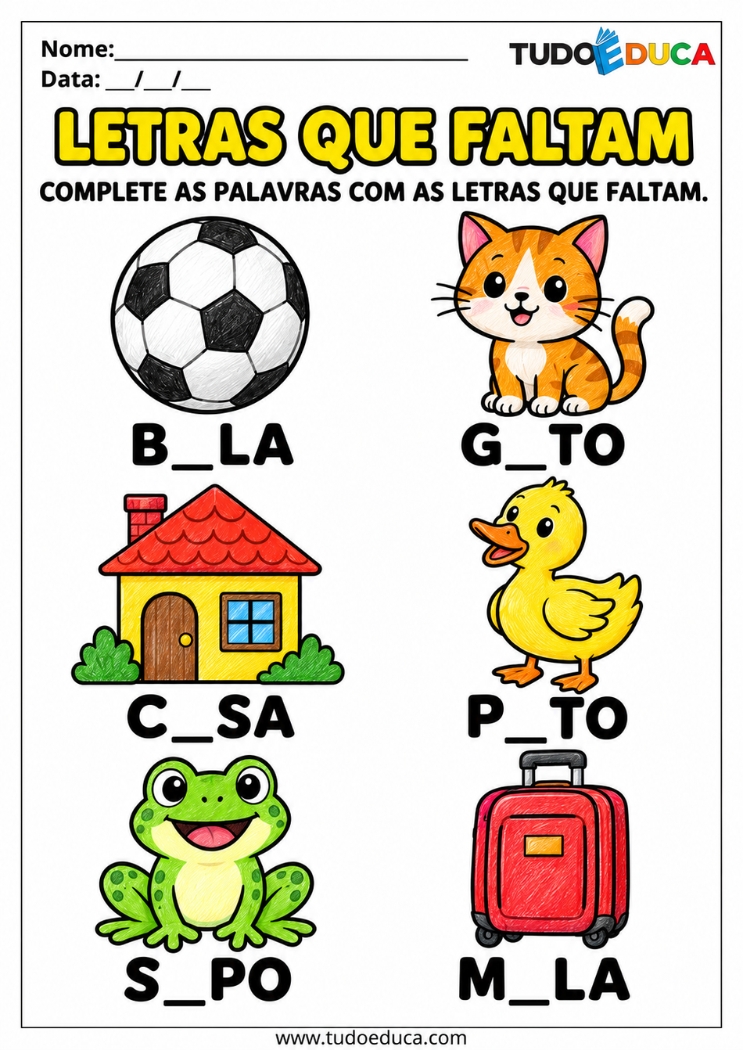 Atividade de Escrita de complete as palavras para Deficiência Intelectual