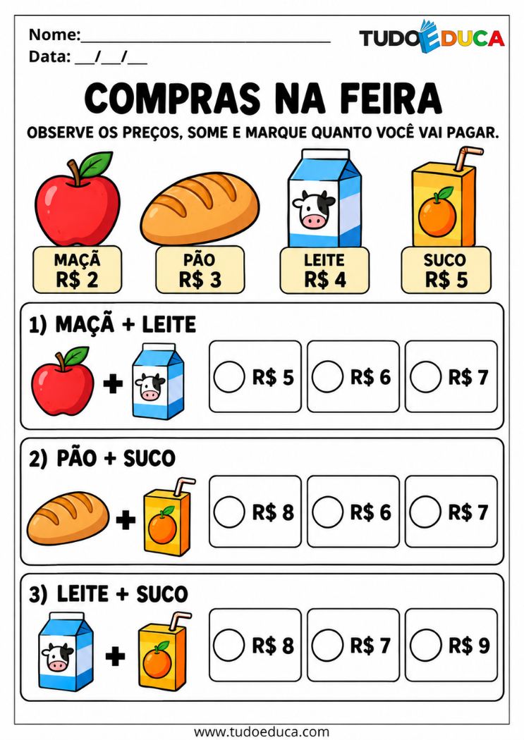 Atividade de Matemática para TDAH com valores de compras