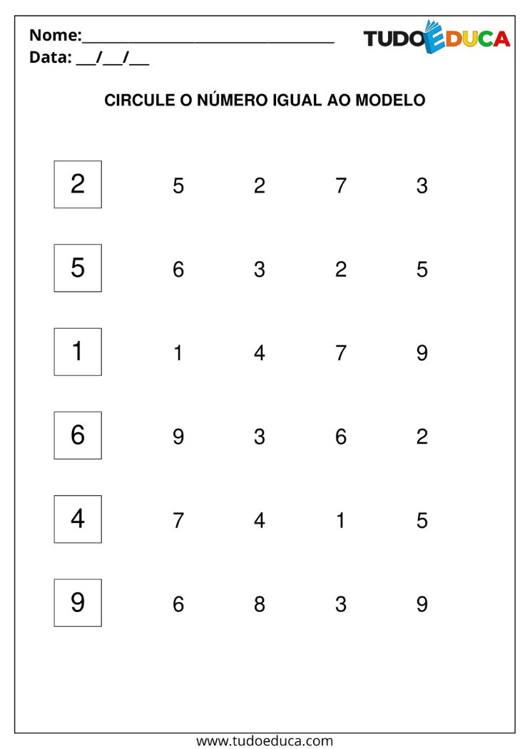 Atividade de Números para Deficiência Intelectual circule o número que se repete