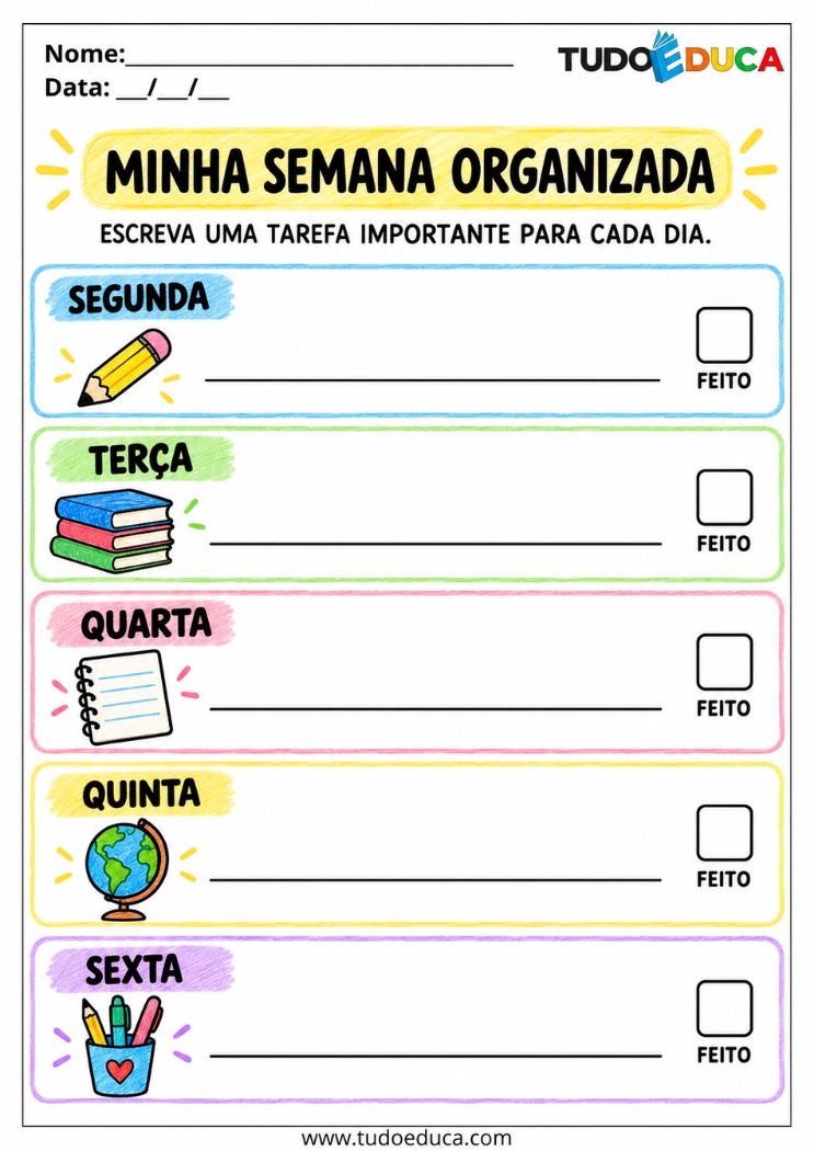 Atividade de Organização da Rotina da semana para TDAH