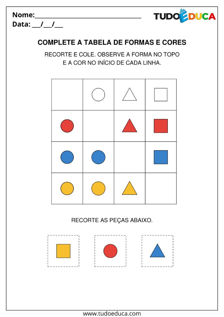 Atividade de Raciocínio Lógico para AEE com formas e cores