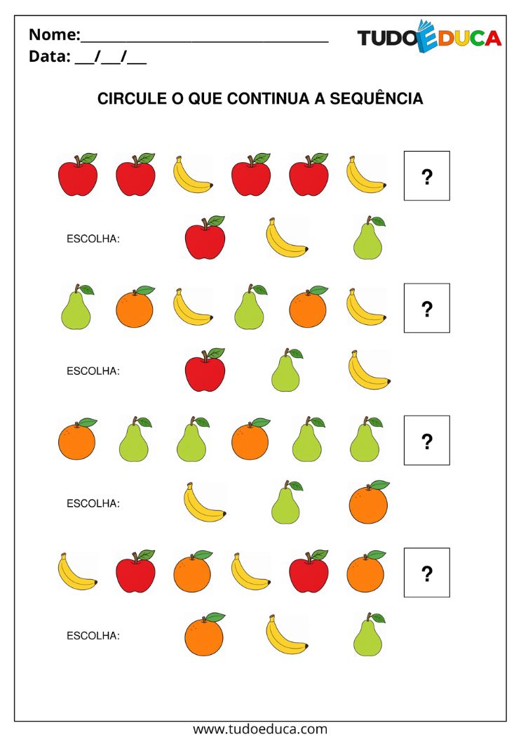 Atividade de Raciocínio Lógico para AEE com frutas