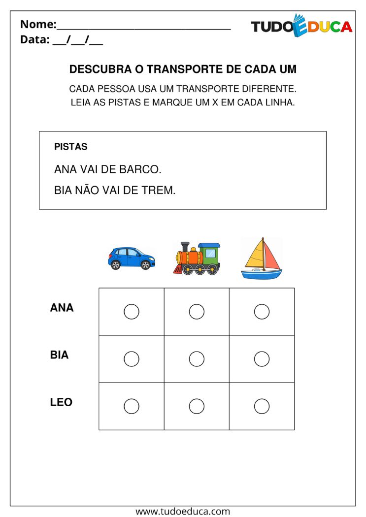 Atividade de Raciocínio Lógico para AEE com interpretação
