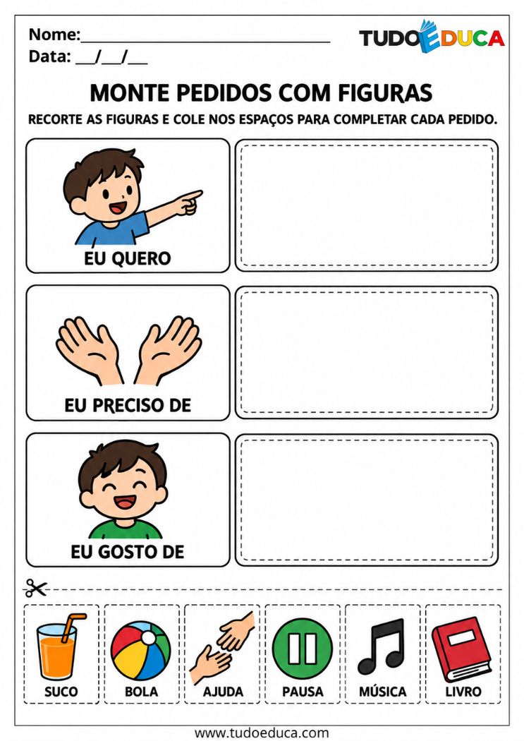 Atividade para Autismo Não Verbal com pedidos por figuras para Imprimir